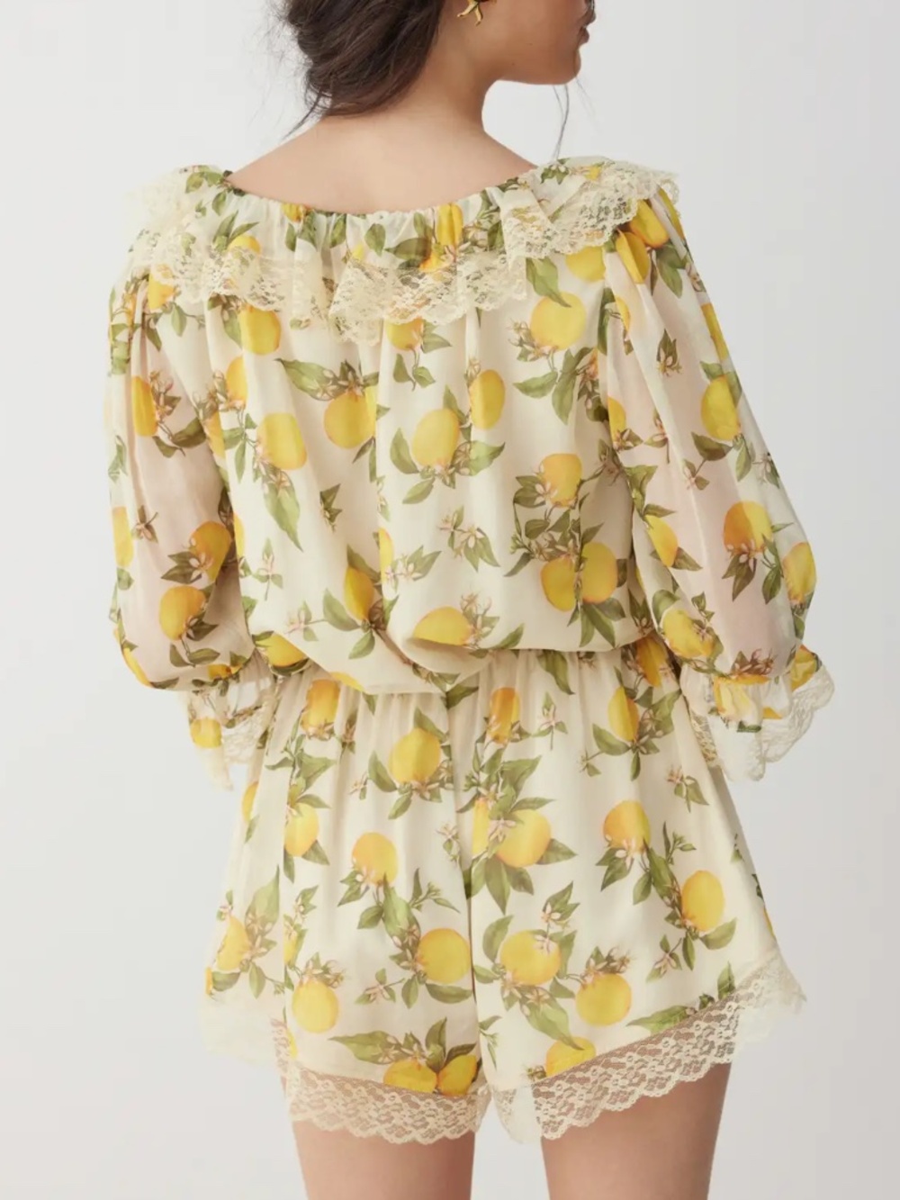 NWT Cider Lemon CHIFFON SQUARE NECK LANTERN SLEEVE LACE ROMPER CottageCore - Picture 4 of 10